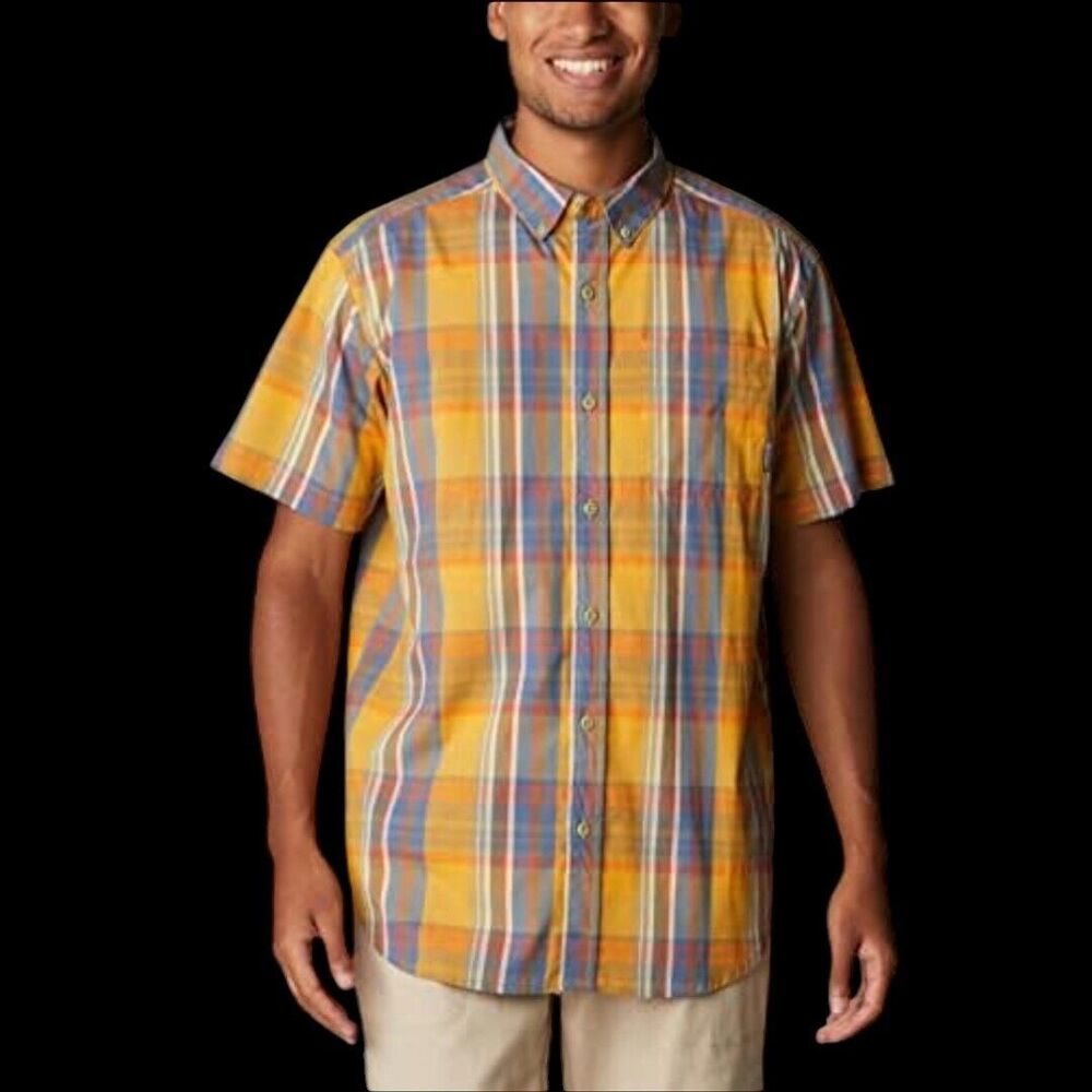 Columbia Men's Yellow Green Plaid Short Sleeve Button Up Shirt Casual Top Sz XL